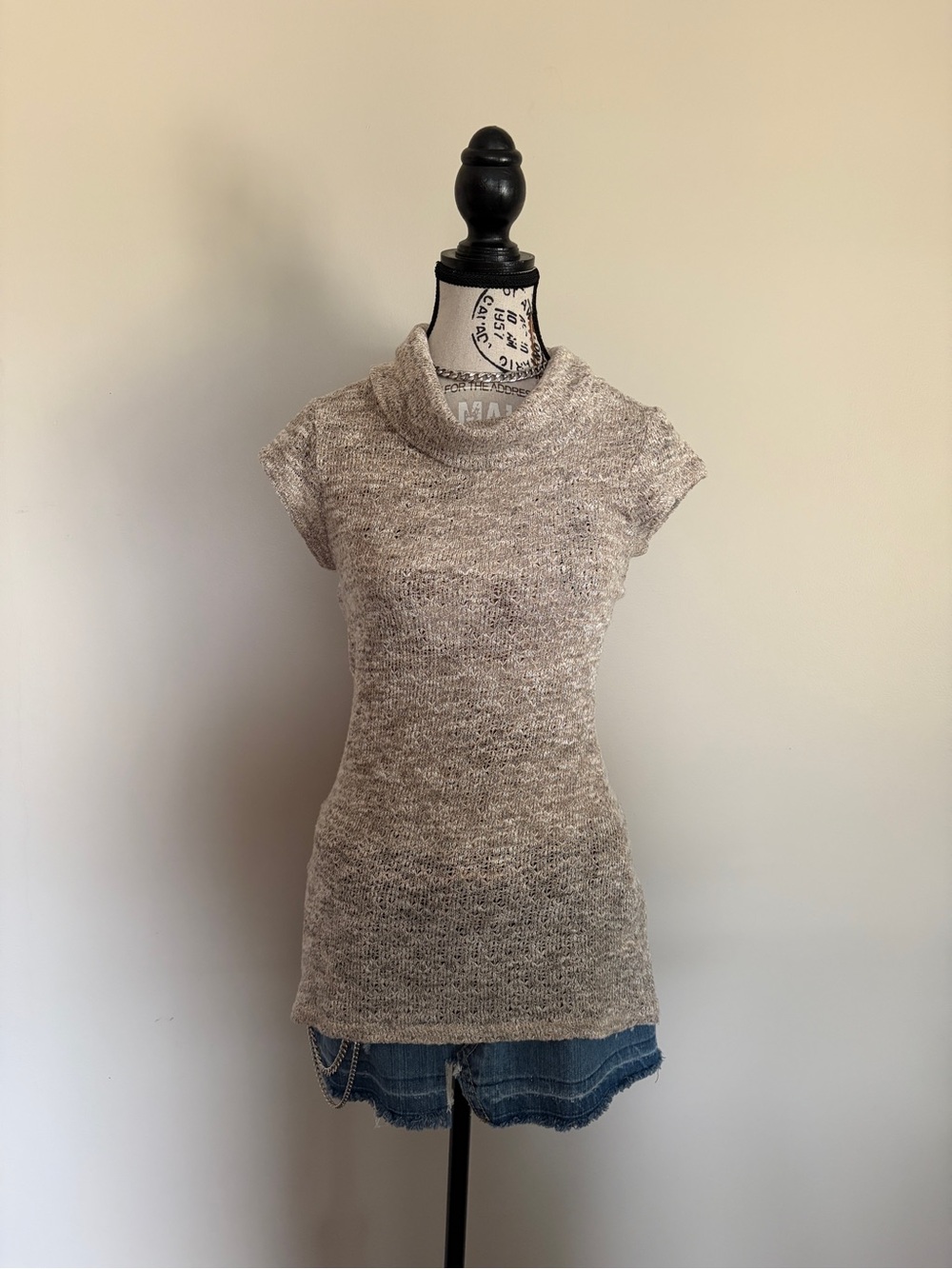 Y2K Candy Couture Knit Top Cowl Neck Beige Short Sleeve Fall Layering